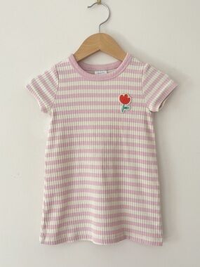 HANNA ANDERSSON VGUC Blush Ribbed Striped Embroidered Floral Minimalist Dress